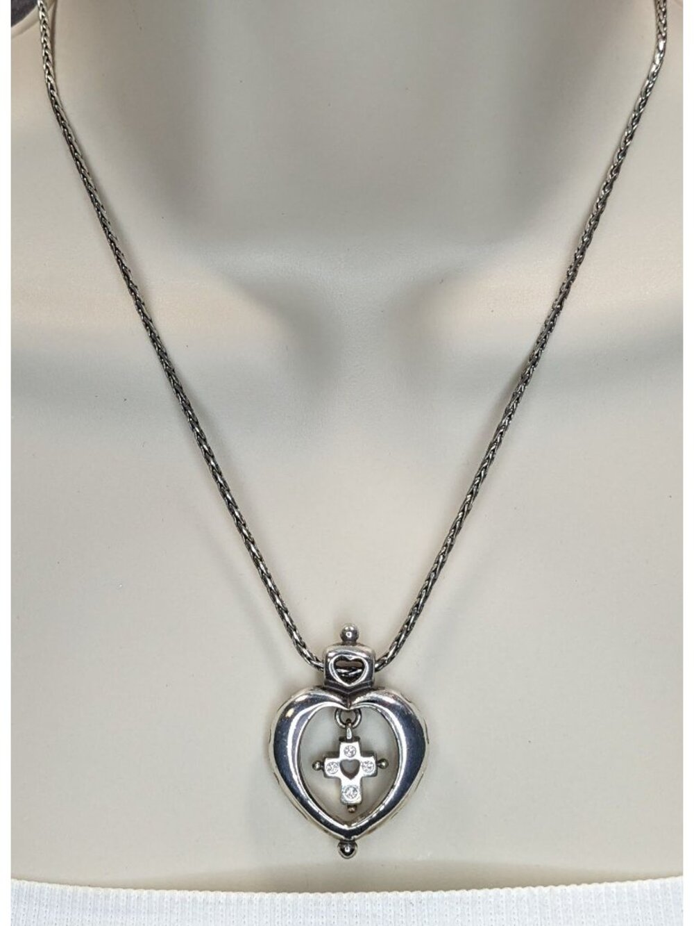 Vintage Brighton Heart Cross Necklace Silver Tone Faith Pendant Rhinestone Chris